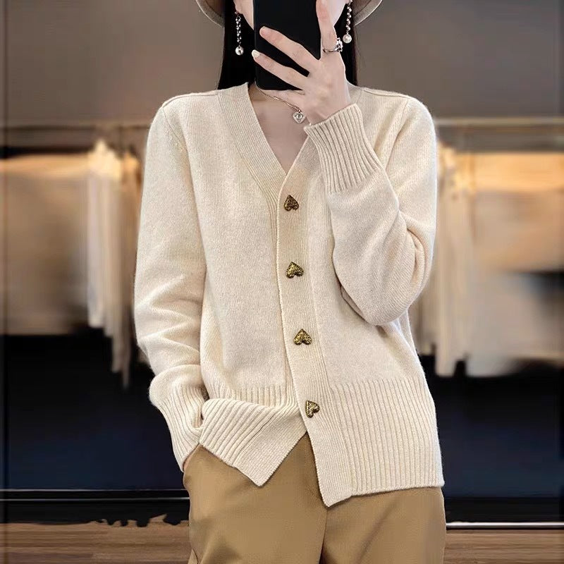 Heart Buckle Solid Color Knitted V-neck Cardigan Loose Sweater For Women