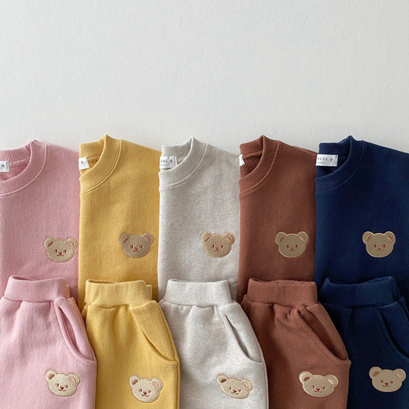 Newborn Infant Children's Cotton Bear Round Neck Sweater Sports Suit Cartoon Two Piece Set