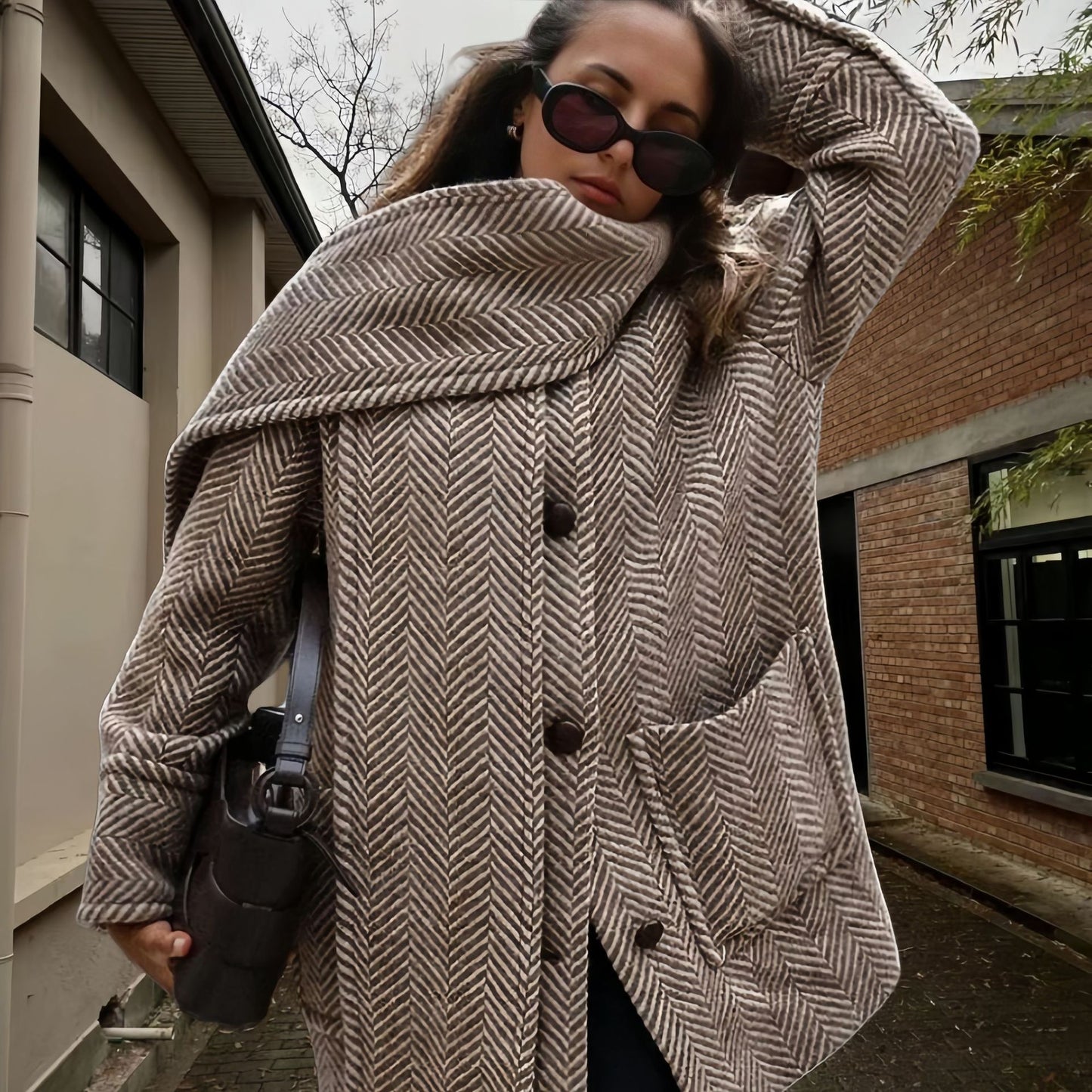 Women's Polyester Striped Woolen Trench Coat
