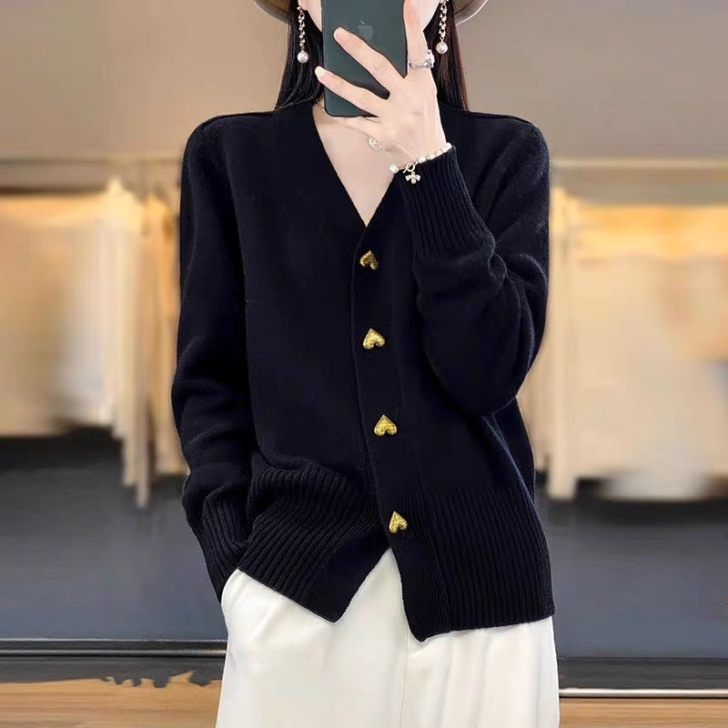 Heart Buckle Solid Color Knitted V-neck Cardigan Loose Sweater For Women
