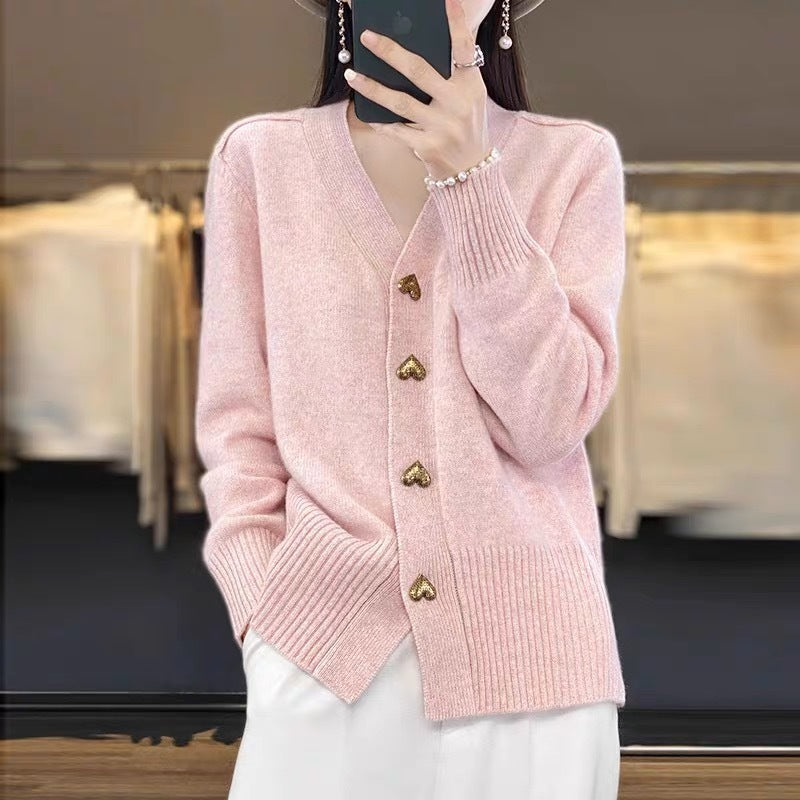 Heart Buckle Solid Color Knitted V-neck Cardigan Loose Sweater For Women