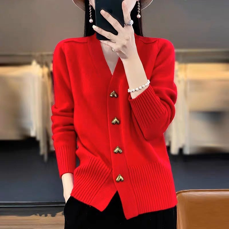 Heart Buckle Solid Color Knitted V-neck Cardigan Loose Sweater For Women