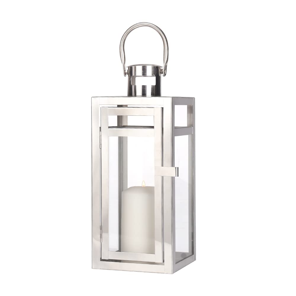 TRIROCKS Stainless Steel Decorative Lantern 30cm High Metal Hanging Candle Holder with Clear Glass Panels Perfect for Home Decor Living Room Parties Events Tabletop Indoors Outdoors (Silver)