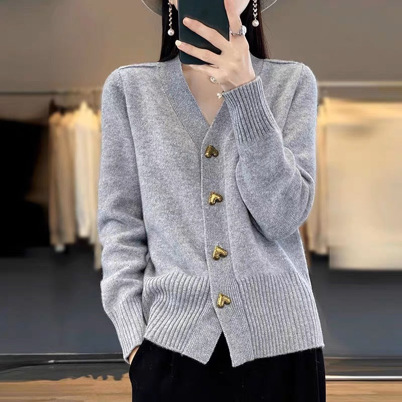 Heart Buckle Solid Color Knitted V-neck Cardigan Loose Sweater For Women
