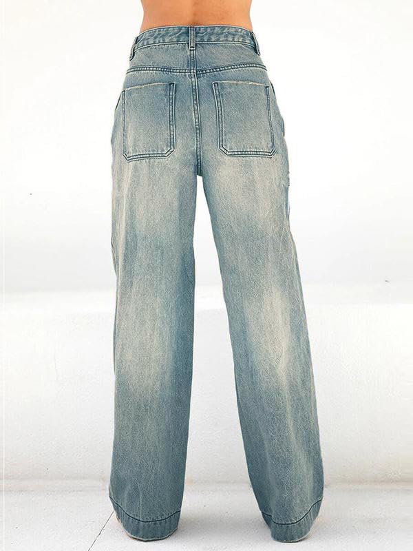 EMMIOL Women's Wide Leg Jeans Distress Mid Waist Denim Pants Vintage Y2K Trousers Washed Blue