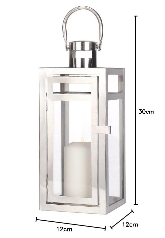 TRIROCKS Stainless Steel Decorative Lantern 30cm High Metal Hanging Candle Holder with Clear Glass Panels Perfect for Home Decor Living Room Parties Events Tabletop Indoors Outdoors (Silver)