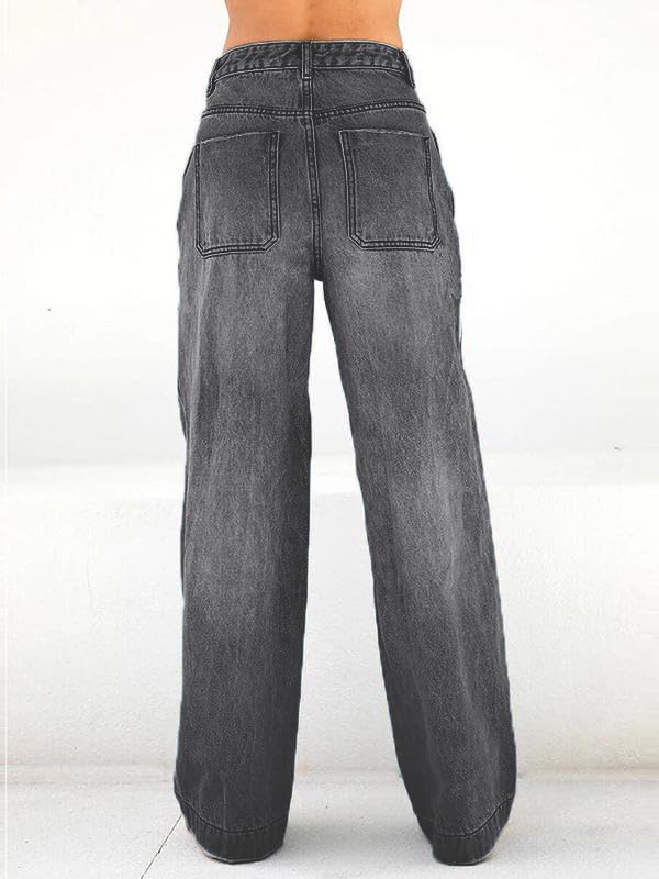 EMMIOL Women's Wide Leg Jeans Distress Mid Waist Denim Pants Vintage Y2K Trousers Dark Grey