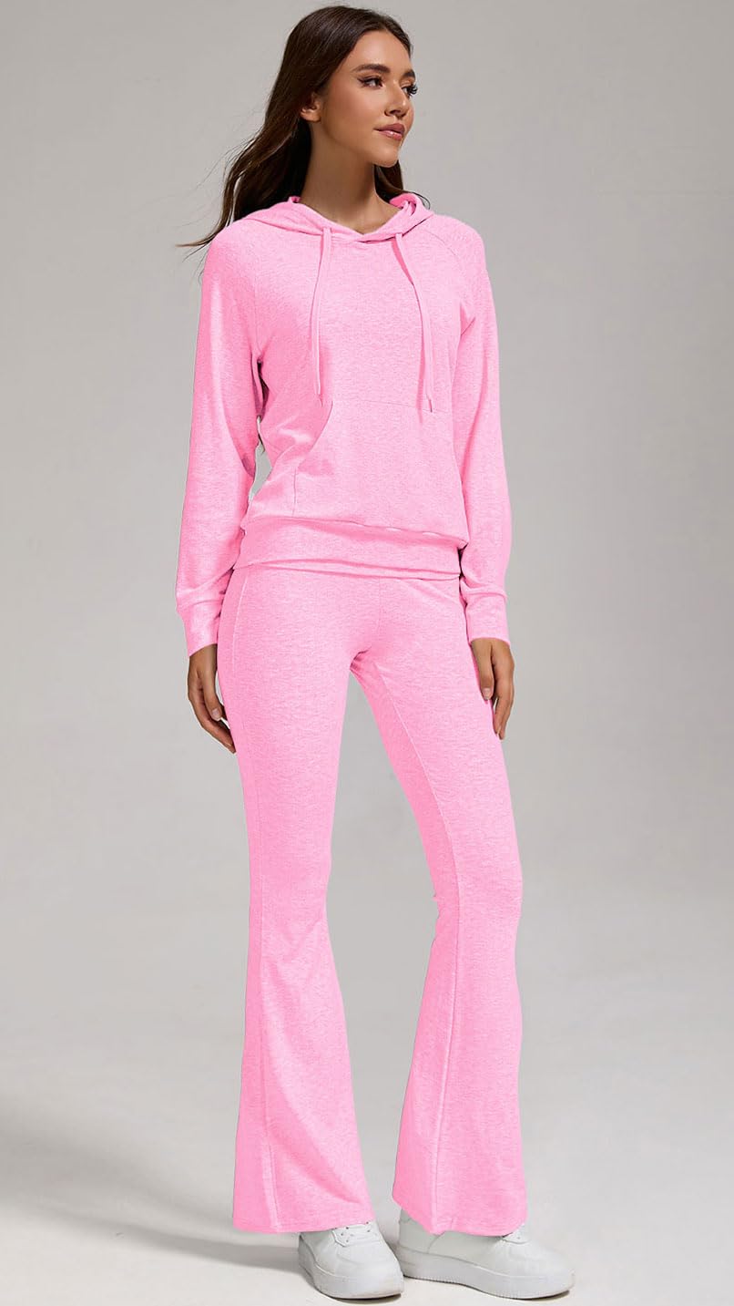 YETOWA Stylish Women's 2 Piece Outfits Hooded Sweatshirt Flared Leg Pants Combo Perfect for Active Casual Wear