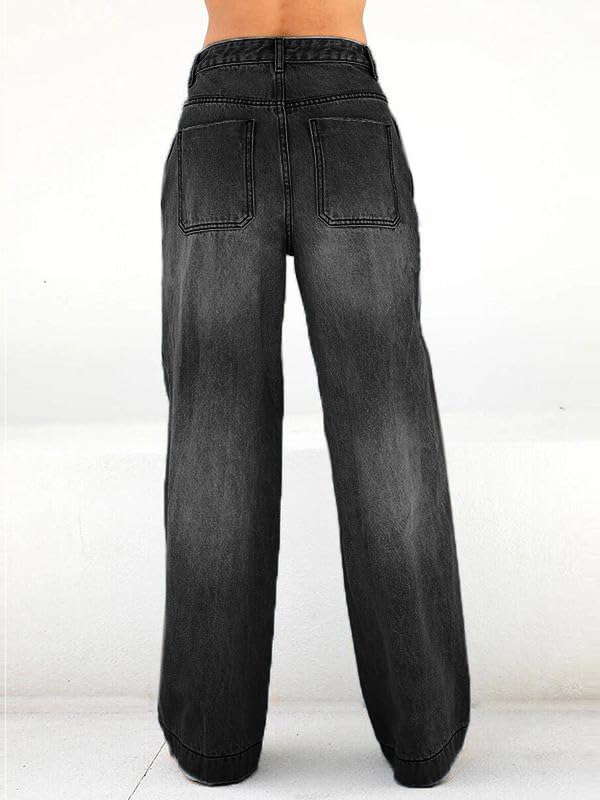 EMMIOL Women's Casual Baggy Jean Distressed High Waisted Denim Pants Stretch Baggy Loose Wide Leg Jeans Black