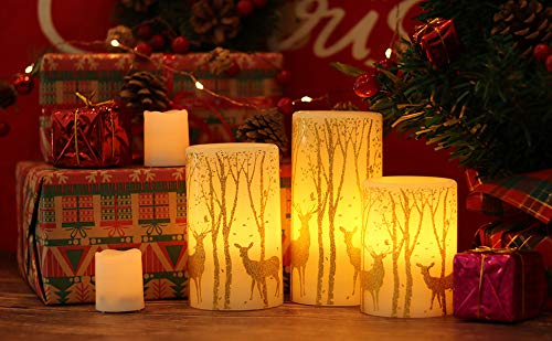 Eldnacele Flameless Candles Flickering with 6H Timer, 3 Pack Gold Reindeer Elk Decal Real Wax Candles Lights LED Flames for Christmas Home Decoration Powered by 3 AAA Batteries