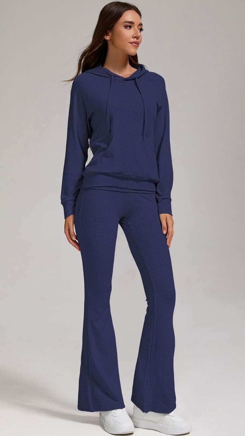 YETOWA Stylish Women's 2 Piece Outfits Hooded Sweatshirt Flared Leg Pants Combo Perfect for Active Casual Wear