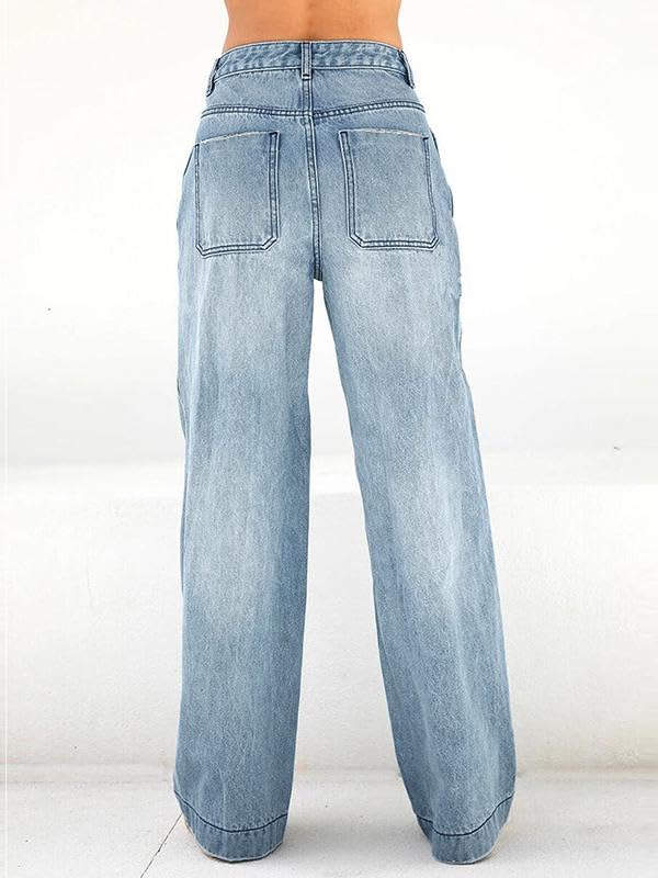 EMMIOL Women's Jean Distressed High Waisted Denim Pants Stretch Baggy Loose Wide Leg Jeans Light Blue