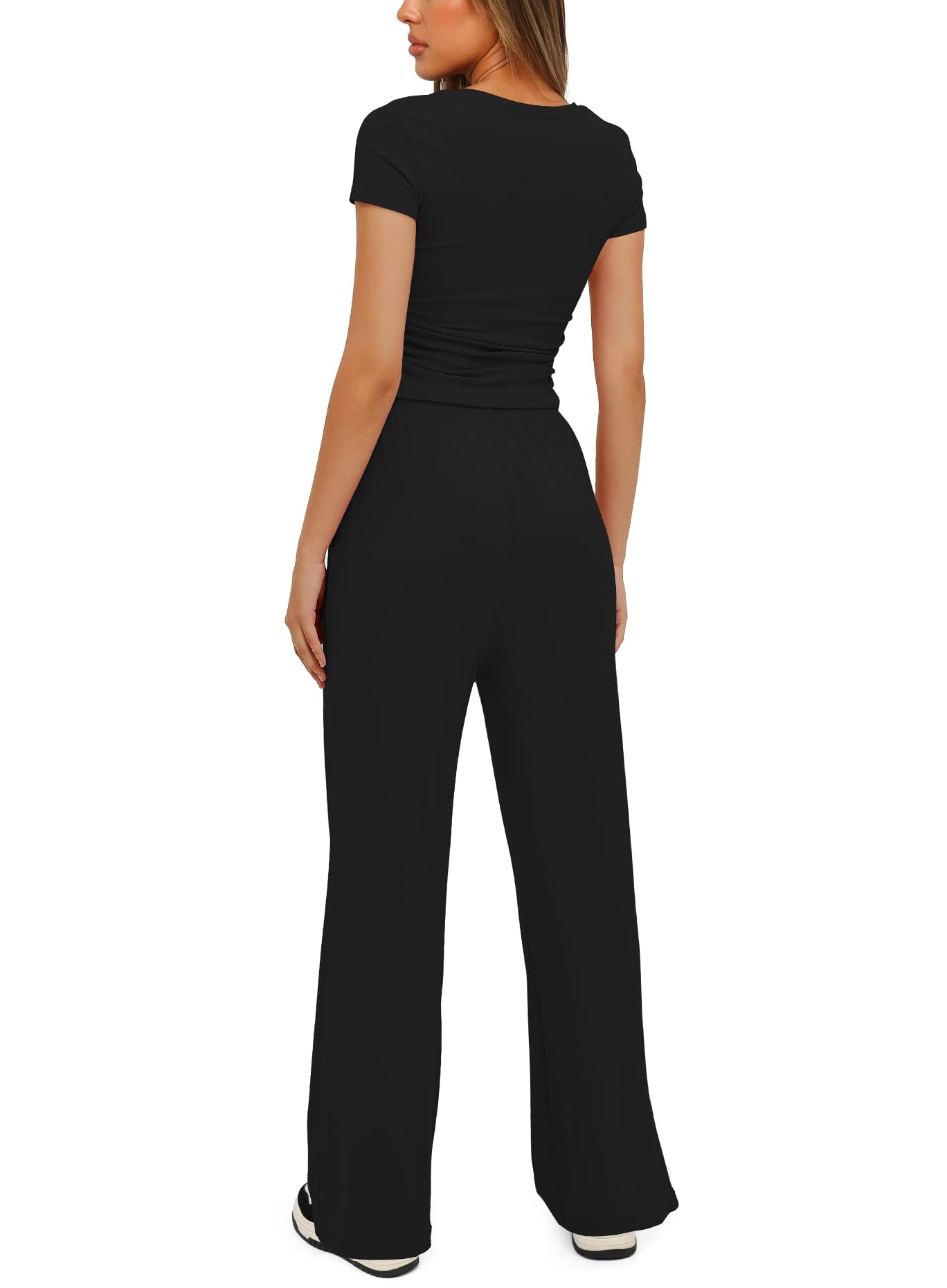Darong Women's Two Piece Outfits Lounge Sets Ruched Short Sleeve Pullover Tops and High Waisted Pants Tracksuit Sets 9042A Black M