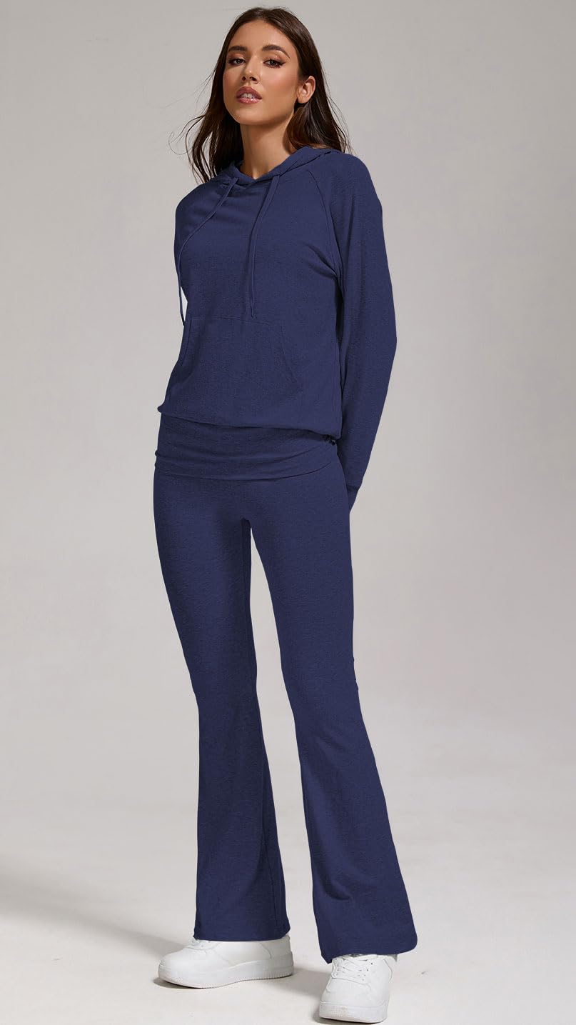 YETOWA Stylish Women's 2 Piece Outfits Hooded Sweatshirt Flared Leg Pants Combo Perfect for Active Casual Wear