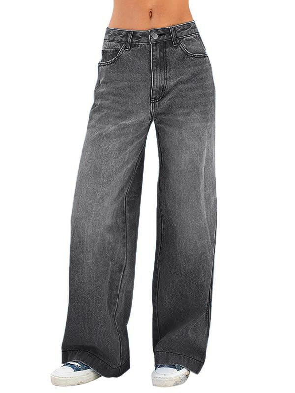 EMMIOL Women's Wide Leg Jeans Distress Mid Waist Denim Pants Vintage Y2K Trousers Dark Grey
