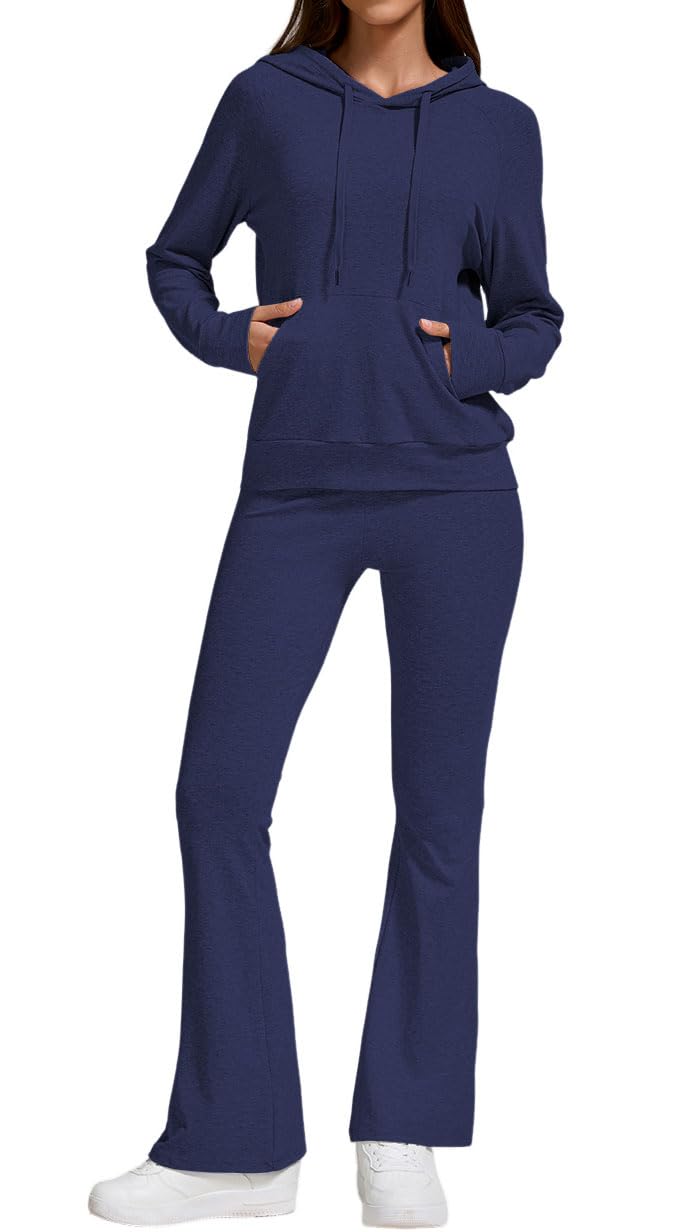 YETOWA Stylish Women's 2 Piece Outfits Hooded Sweatshirt Flared Leg Pants Combo Perfect for Active Casual Wear