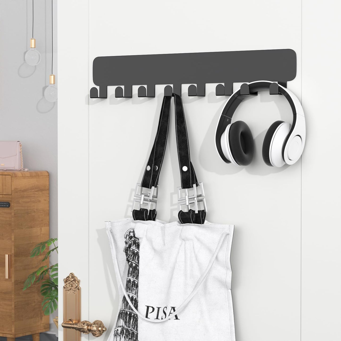 pickpiff Key Holder for Wall Self Adhesive, Key Hooks with 8 Hooks Wall Mounted, Black Key Hangers No Drill for Living Room, Kitchen, Office