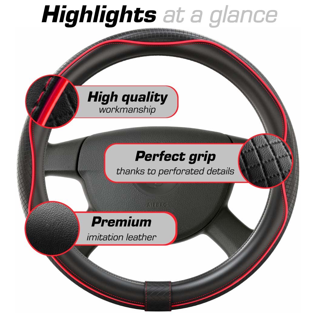 Upgrade4cars Steering Wheel Cover Red Black Leather Look | Universal Fit 14,5-15 Inch | Car Accessories Interior
