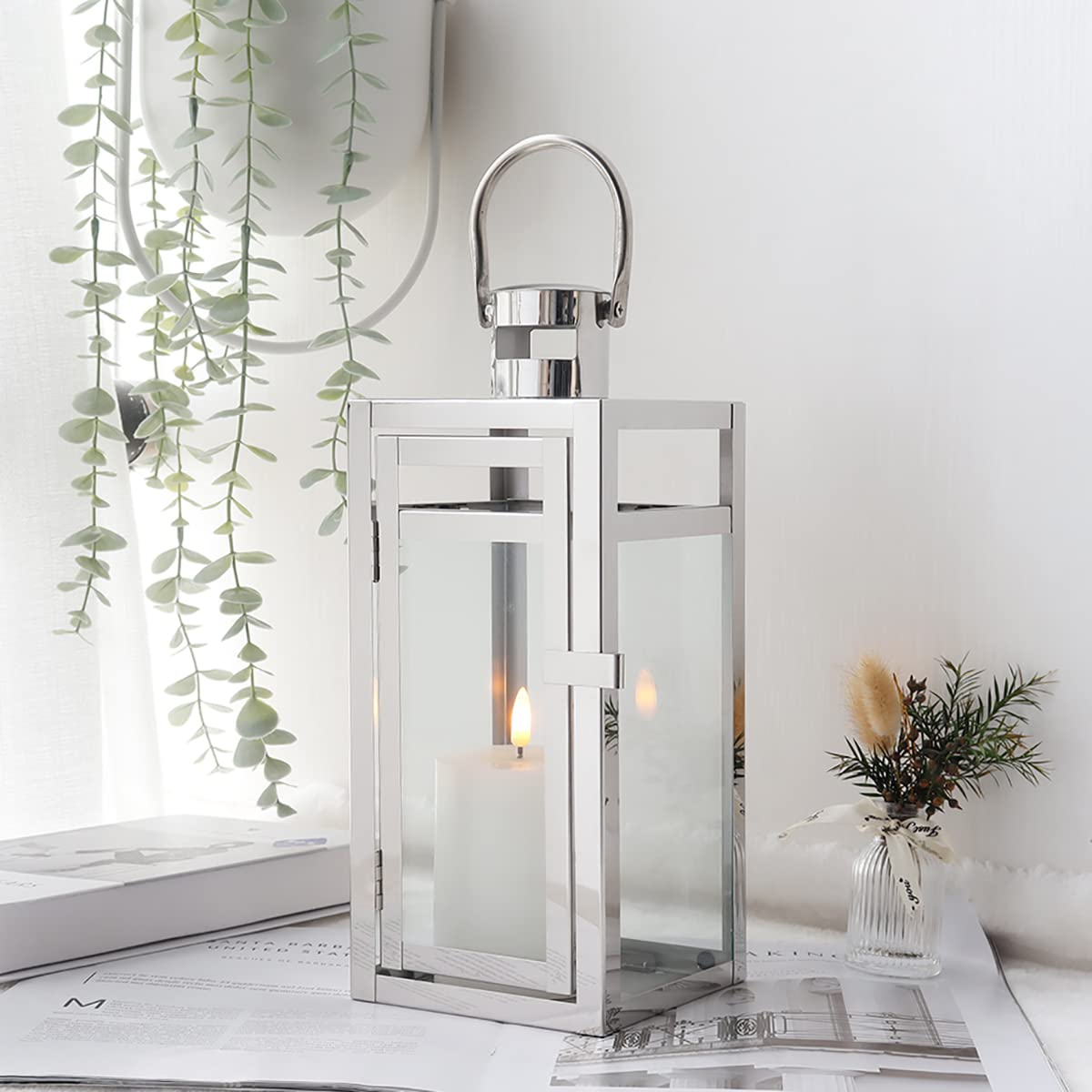 TRIROCKS Stainless Steel Decorative Lantern 30cm High Metal Hanging Candle Holder with Clear Glass Panels Perfect for Home Decor Living Room Parties Events Tabletop Indoors Outdoors (Silver)