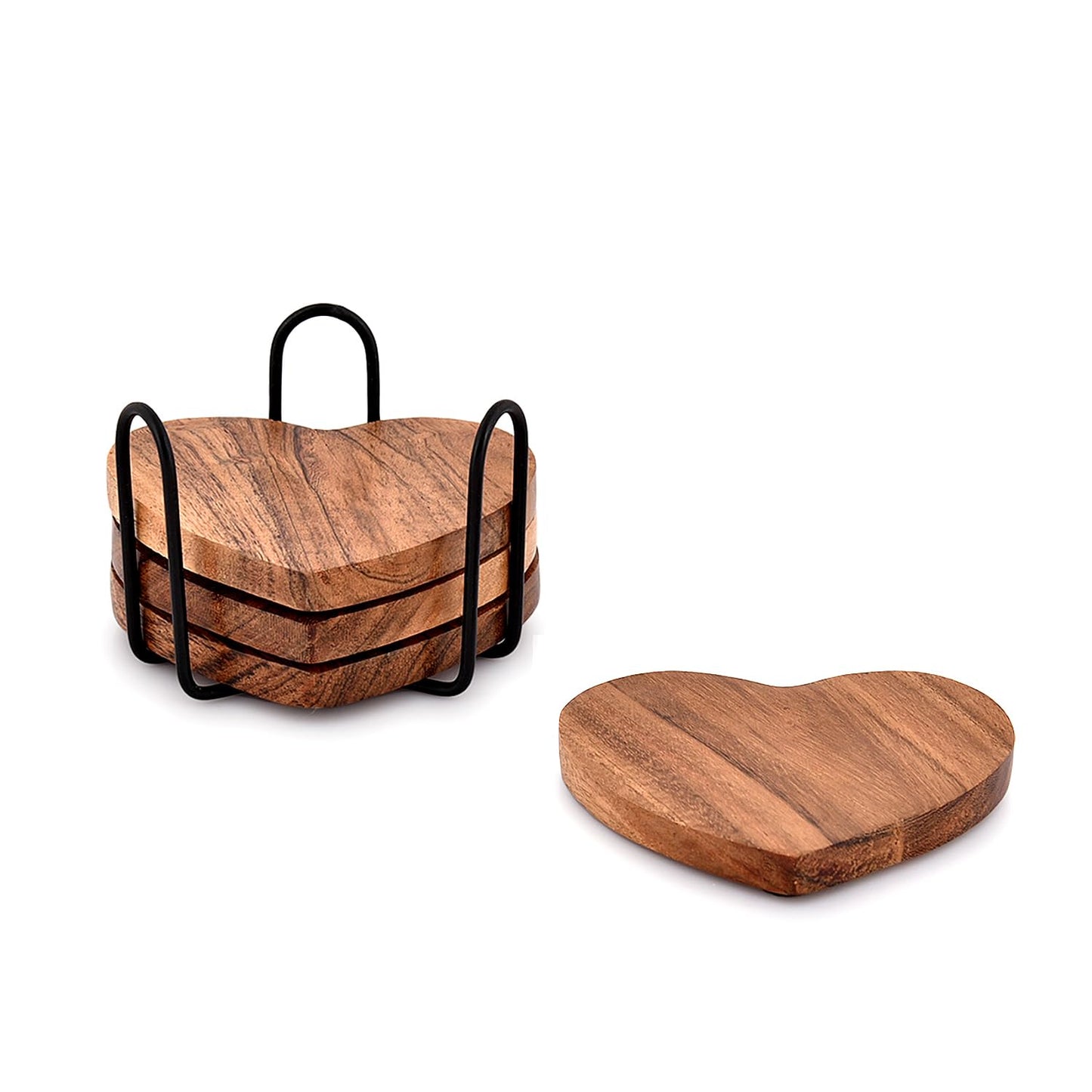 Samhita Acacia Wood Heart Shape Coaster Set of 4 With Iron Holder for Coffee Table Décor Housewarming Gift New Home Kitchen Décor (10.16cm x 10.16cm x 1.27cm)