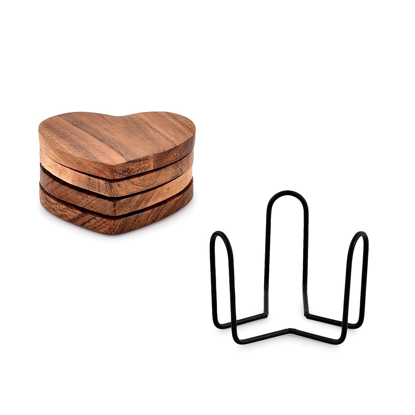 Samhita Acacia Wood Heart Shape Coaster Set of 4 With Iron Holder for Coffee Table Décor Housewarming Gift New Home Kitchen Décor (10.16cm x 10.16cm x 1.27cm)