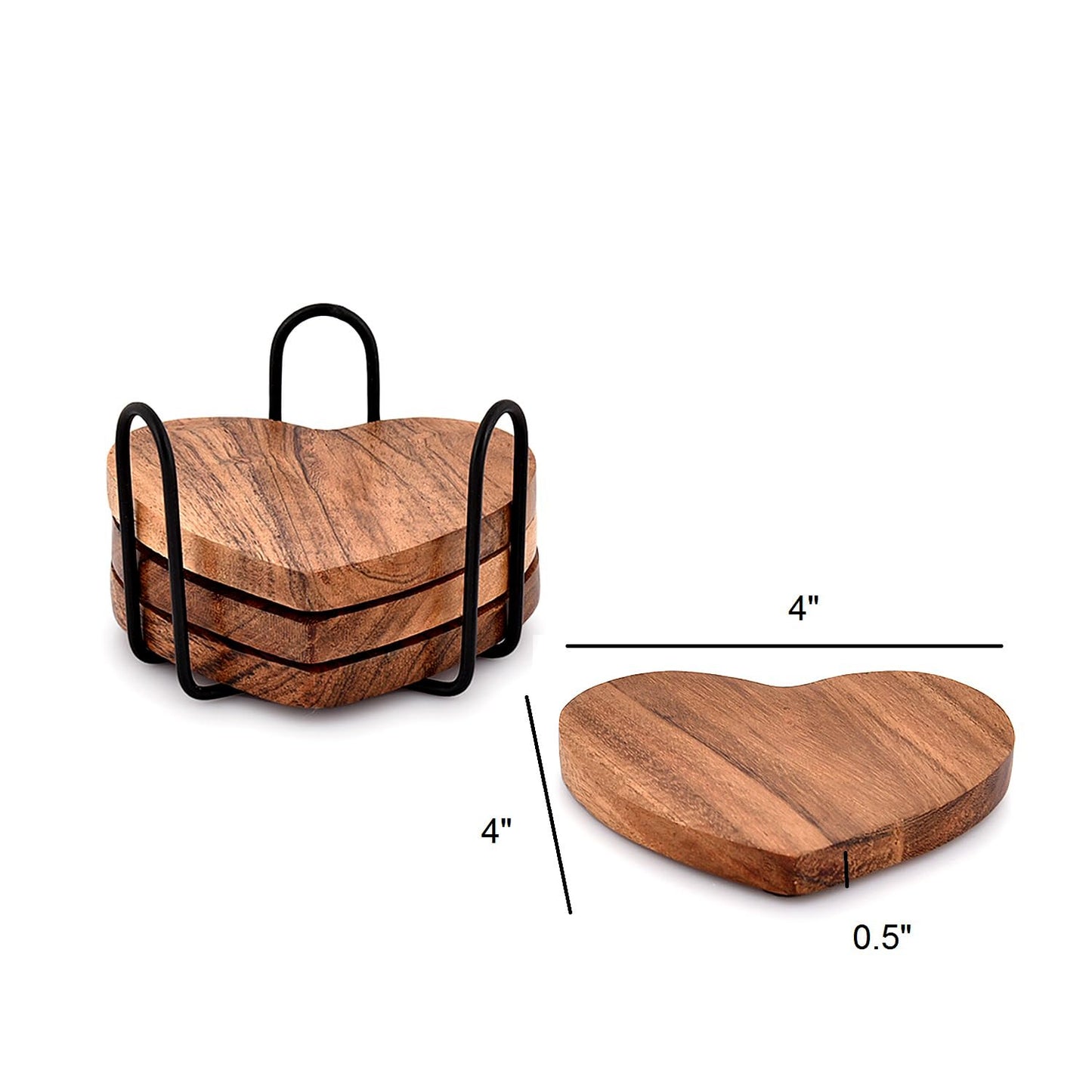 Samhita Acacia Wood Heart Shape Coaster Set of 4 With Iron Holder for Coffee Table Décor Housewarming Gift New Home Kitchen Décor (10.16cm x 10.16cm x 1.27cm)