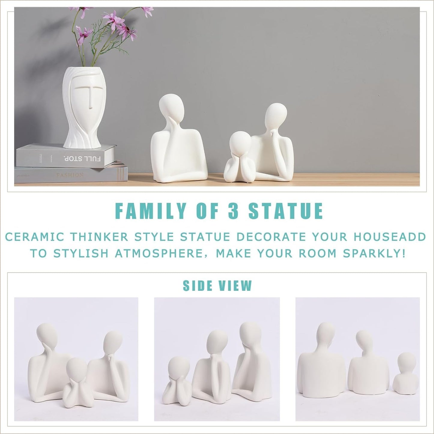 FARAMIR STORE Three-Person Family Statue – Handmade White Abstract Figurines in Stone Powder | Modern Home & Office Decor for Living Room, Bookshelf, Desk & Table Display
