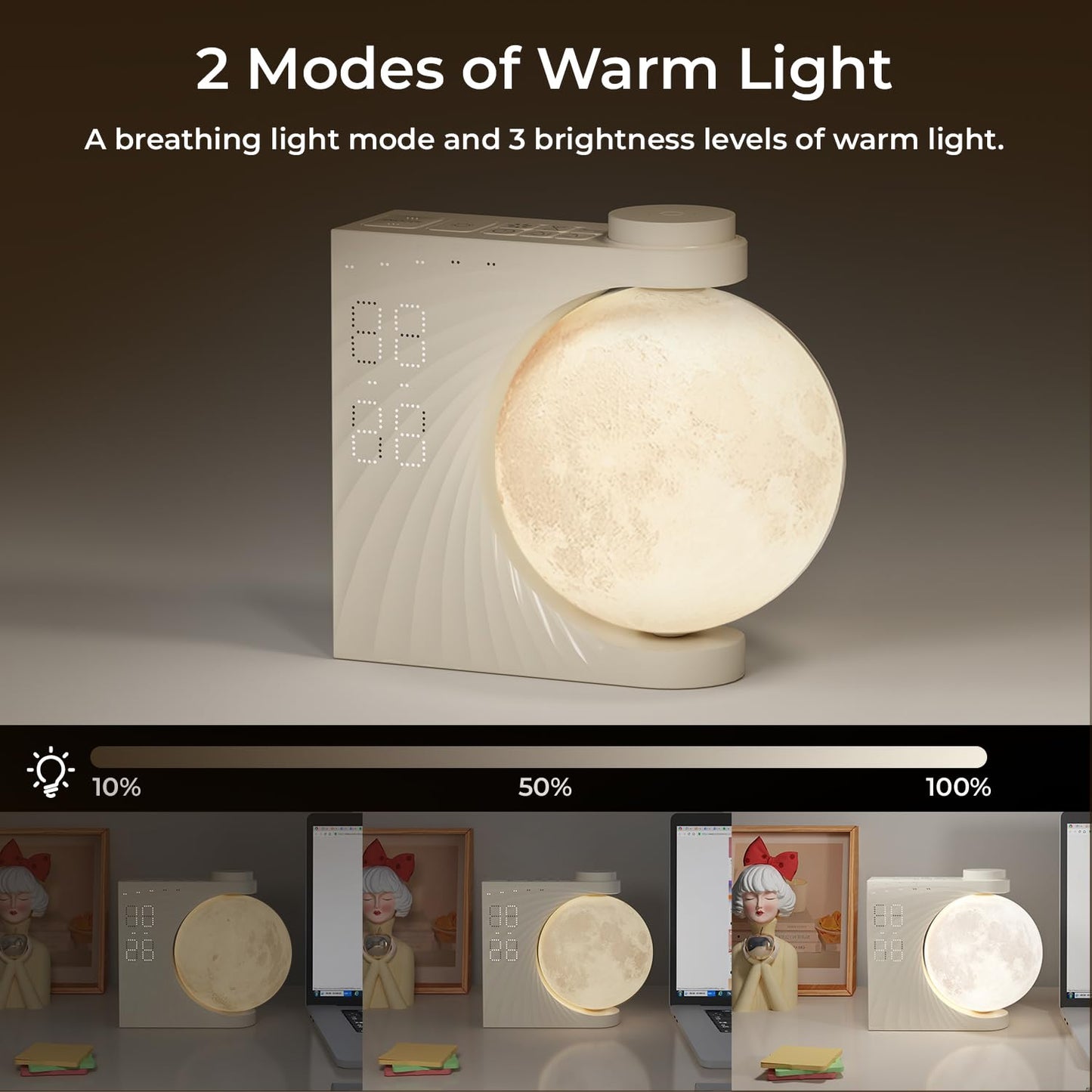 INSSISAIN Moon Lamp with Luminous Alarm Clock, 8 Colours LED Wake-up Light, Alarm Clock and Sound Machine with Moon Light, Double Alarm, Snooze Function, 10 Nature Sounds