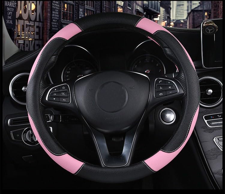 Istn Unisex's Sport Style Contrast Color Non-slip Sweat Good Breathable PU Leatherette 15 inch Car Steering Wheel Cover 38cm Pink