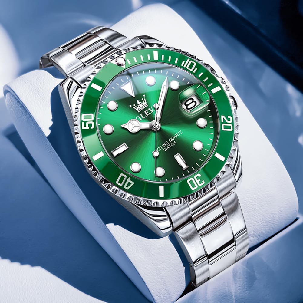 OLEVS Mens Watch Big Face Silver Stainless Steel Analogue Quartz Watches Men Green Dial Rotatable Bezel Calendar Men's Dress Watch Waterproof Luminous with Date Watches for Men Reloj para Hombre
