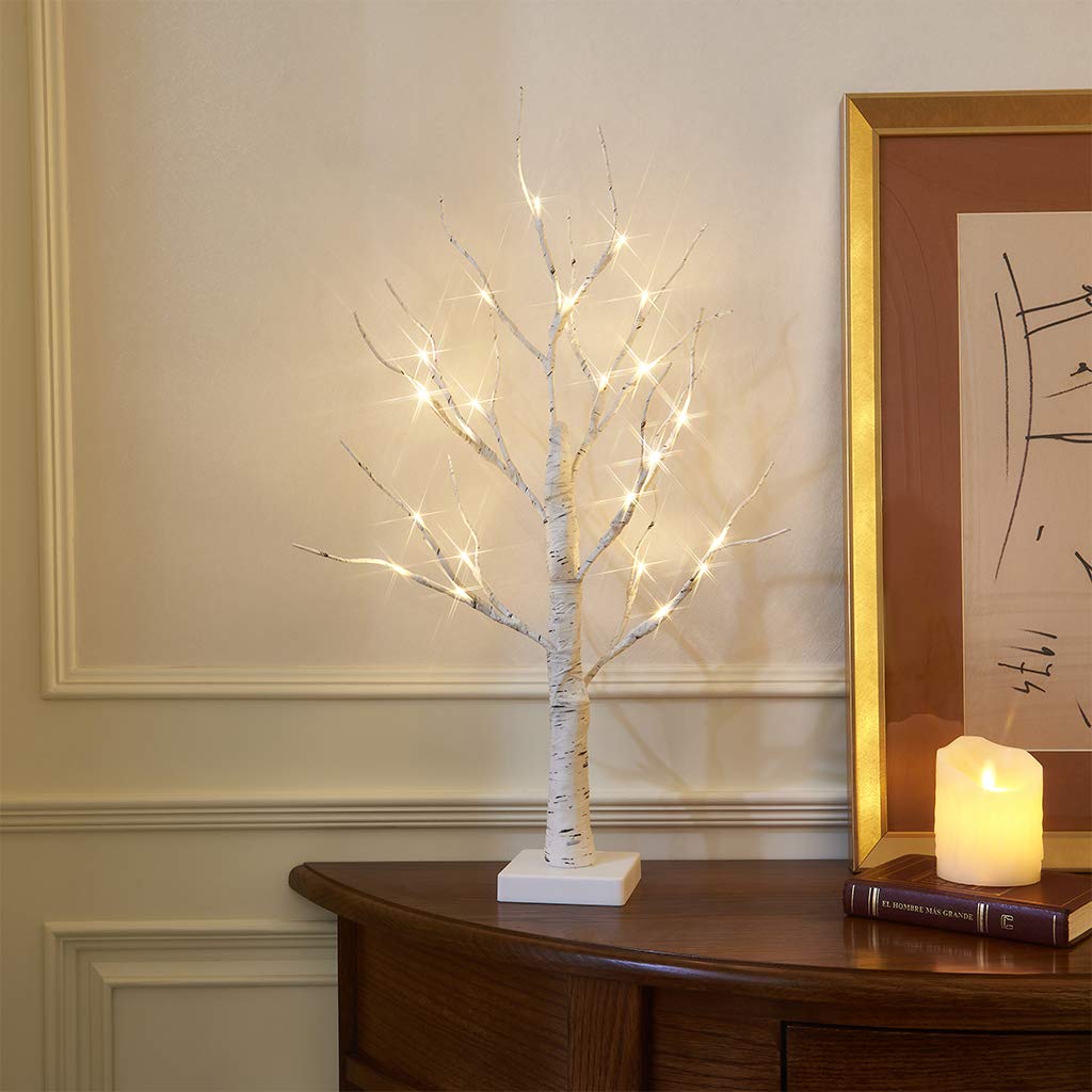 Eambrite Set of 2 Small Birch Twig Tree Lights Photo Display Tree with 24 Warm White LEDs Battery Operated Tabletop Decoration for Xmas Home Party Wedding (60cm/2ft)