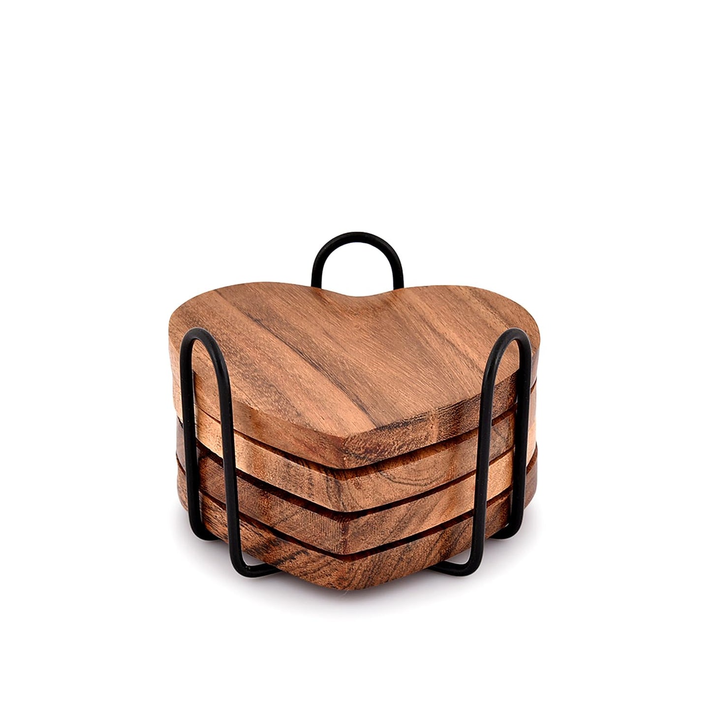 Samhita Acacia Wood Heart Shape Coaster Set of 4 With Iron Holder for Coffee Table Décor Housewarming Gift New Home Kitchen Décor (10.16cm x 10.16cm x 1.27cm)