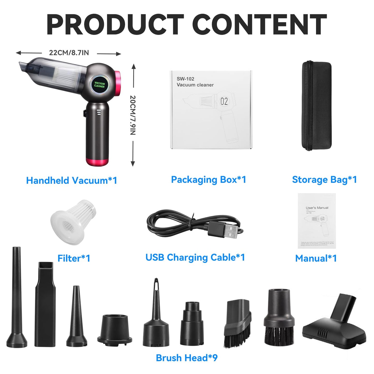 DEUKNICE Handheld Vacuum Cleaner, 22000Pa Powerful Car Vacuum Cleaner Cordless, Rechargeable Portable Air Duster, Lightweight Mini Vacuum for Car, Home