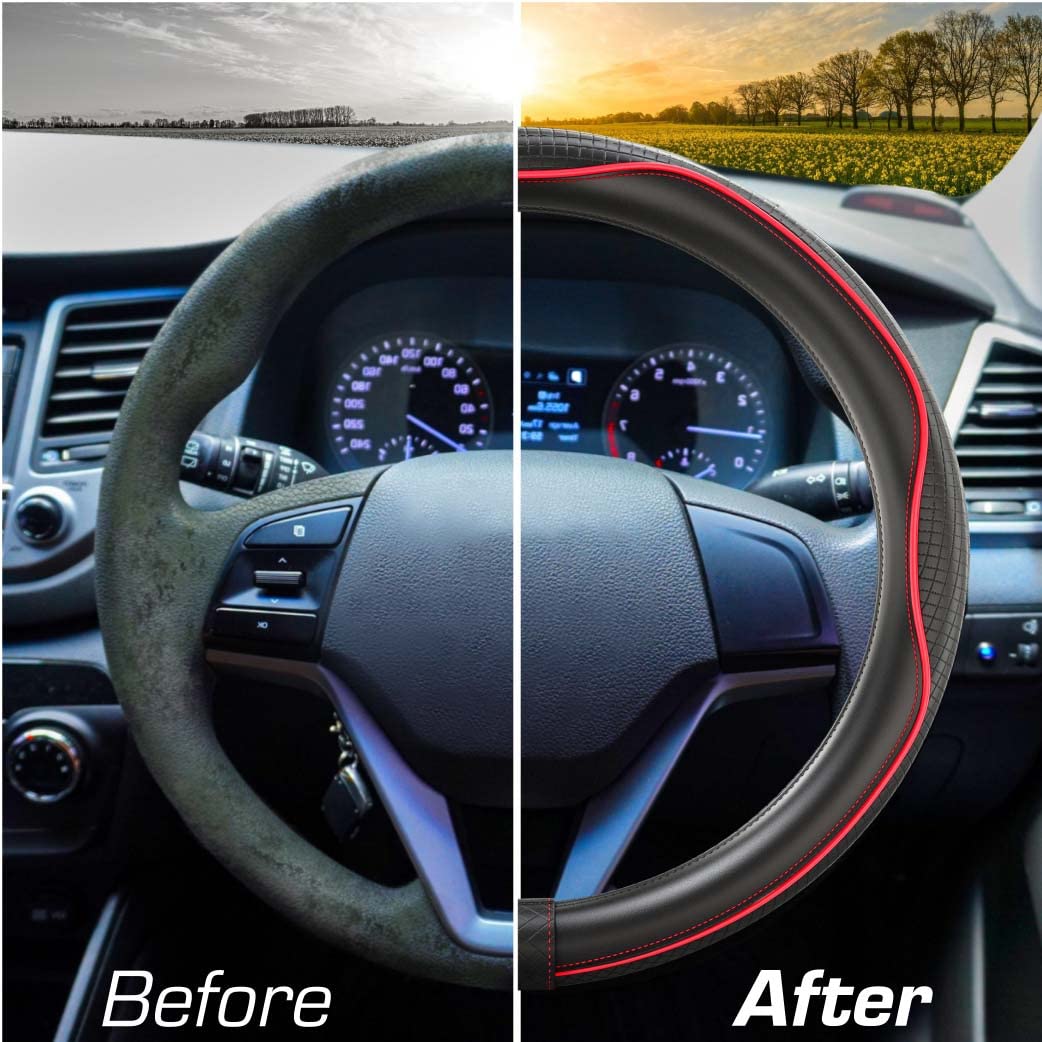 Upgrade4cars Steering Wheel Cover Red Black Leather Look | Universal Fit 14,5-15 Inch | Car Accessories Interior