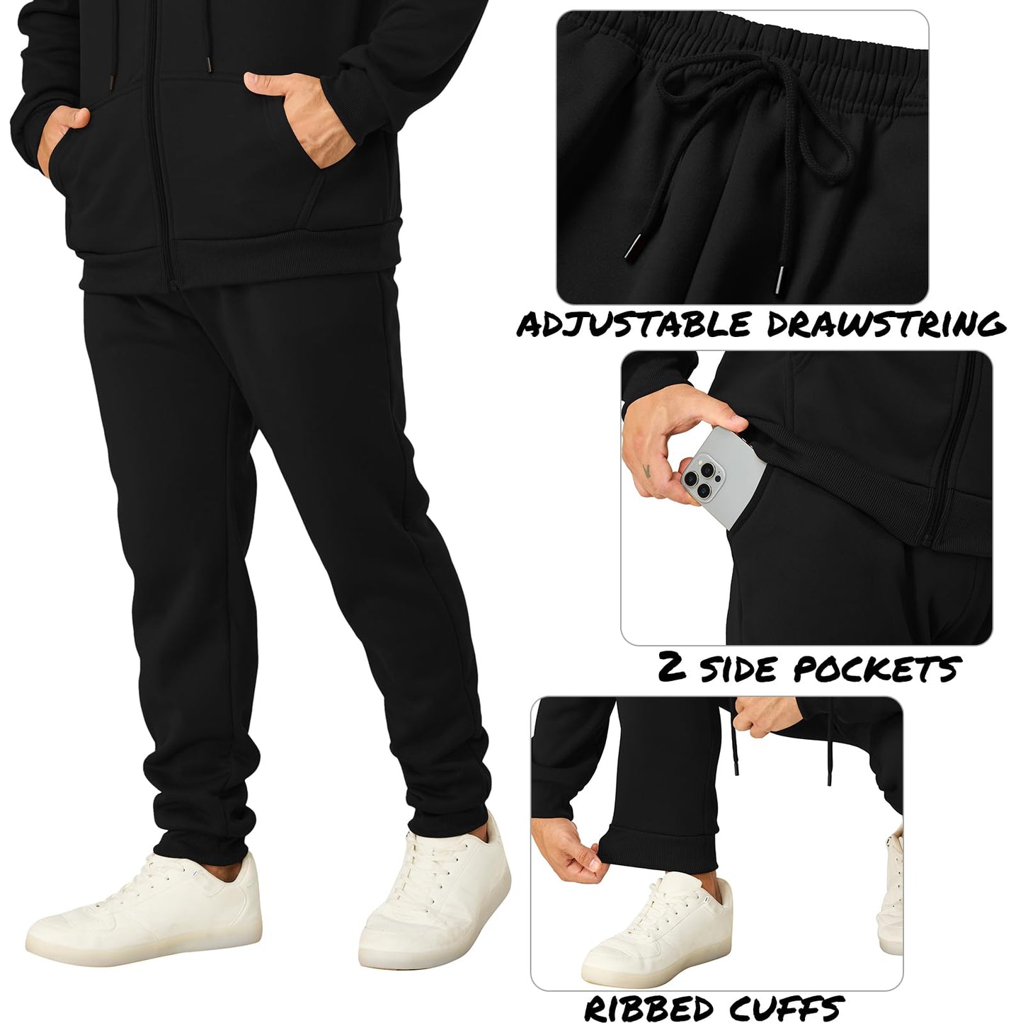 Mens Sweatsuits 2 Piece Casual Full Zip Tracksuits Zip Up Hoodie and Sweatpants Set Athletic Sweat Suits(M,Black)