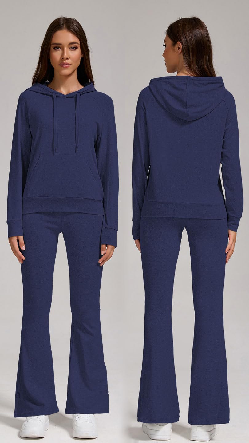 YETOWA Stylish Women's 2 Piece Outfits Hooded Sweatshirt Flared Leg Pants Combo Perfect for Active Casual Wear