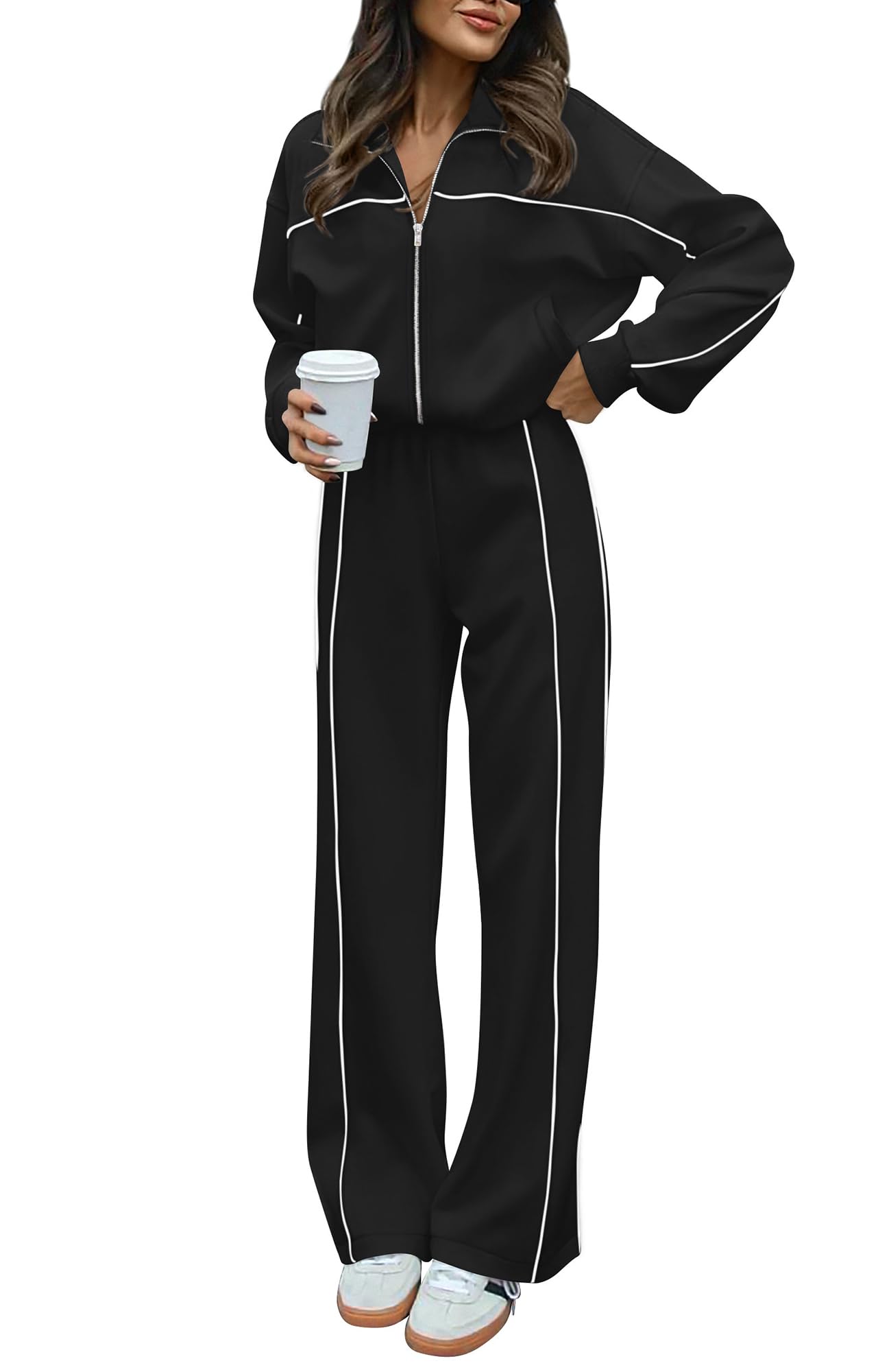 BTFBM Women's Two Piece Tracksuit Fall 2025 Long Sleeve Zip Up Sweatshirt Long Pants Outfits Jogger Sweatsuit Sets(Black,X-Large)