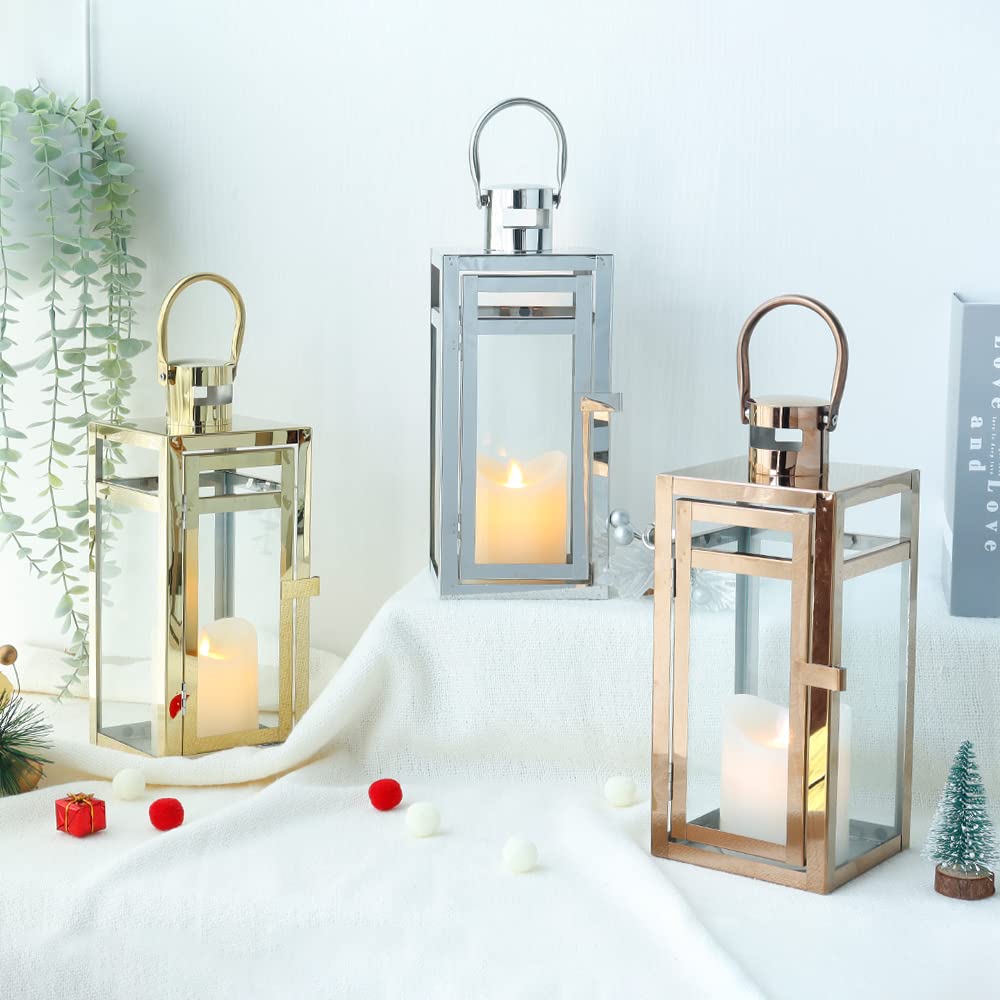 TRIROCKS Stainless Steel Decorative Lantern 30cm High Metal Hanging Candle Holder with Clear Glass Panels Perfect for Home Decor Living Room Parties Events Tabletop Indoors Outdoors (Silver)
