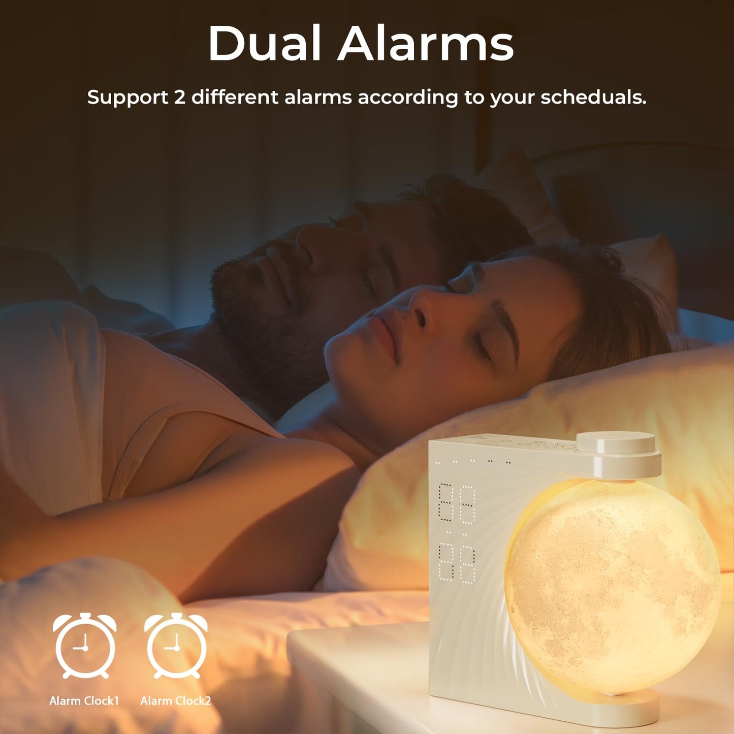 INSSISAIN Moon Lamp with Luminous Alarm Clock, 8 Colours LED Wake-up Light, Alarm Clock and Sound Machine with Moon Light, Double Alarm, Snooze Function, 10 Nature Sounds