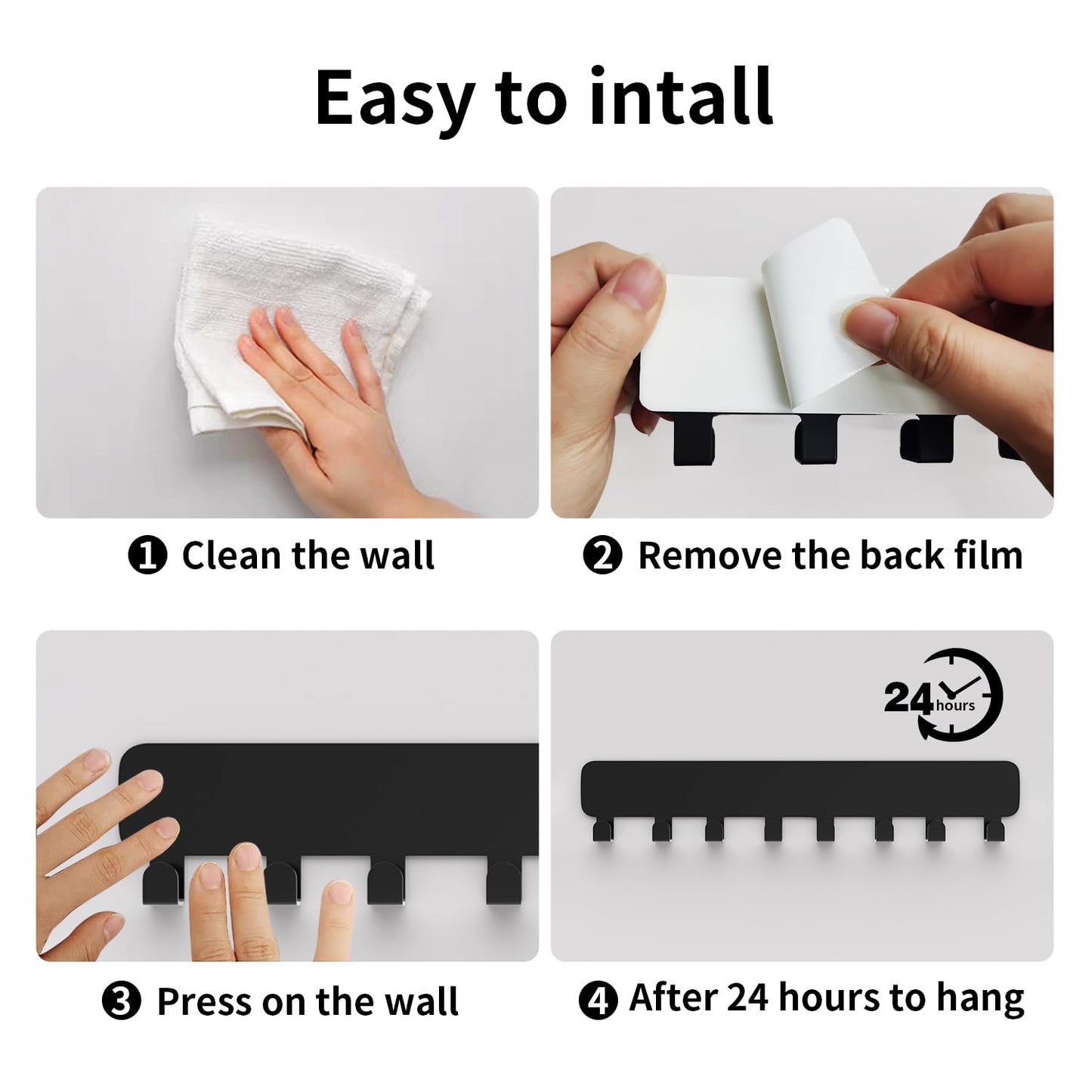pickpiff Key Holder for Wall Self Adhesive, Key Hooks with 8 Hooks Wall Mounted, Black Key Hangers No Drill for Living Room, Kitchen, Office