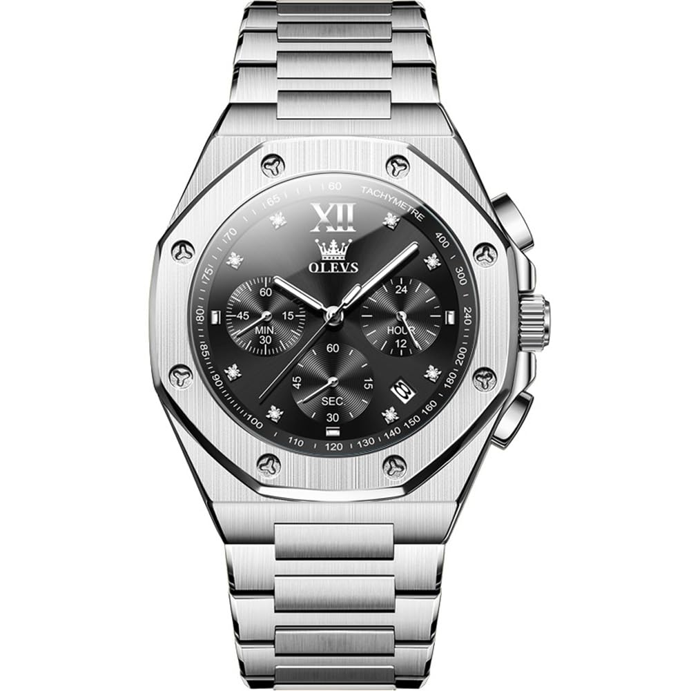 OLEVS Watch for Men Big Black Face Analog Quartz Diamond Mens Watches Chronograph Roman Numerals Stainless Steel Silver Men's Watch Luxury Large Wrist Waterproof Luminous Date Watches for Mens
