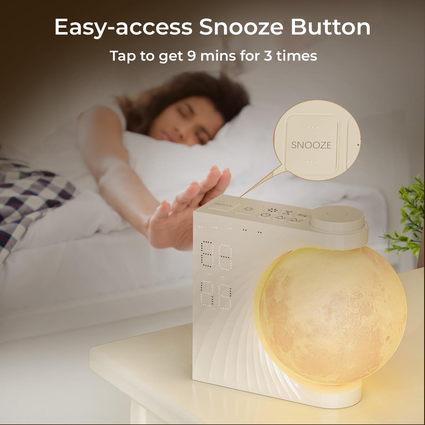 INSSISAIN Moon Lamp with Luminous Alarm Clock, 8 Colours LED Wake-up Light, Alarm Clock and Sound Machine with Moon Light, Double Alarm, Snooze Function, 10 Nature Sounds