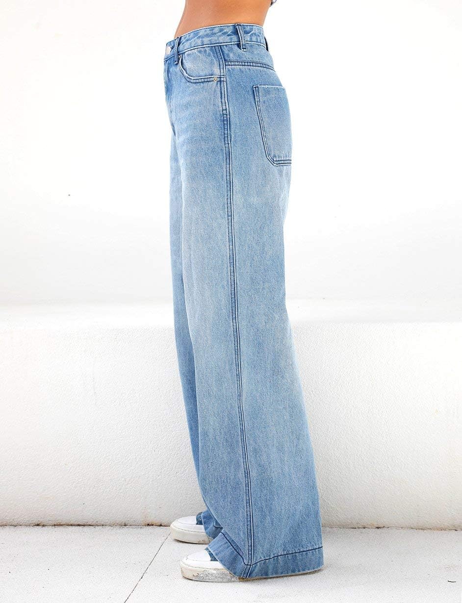 EMMIOL Women's Jean Distressed High Waisted Denim Pants Stretch Baggy Loose Wide Leg Jeans Light Blue