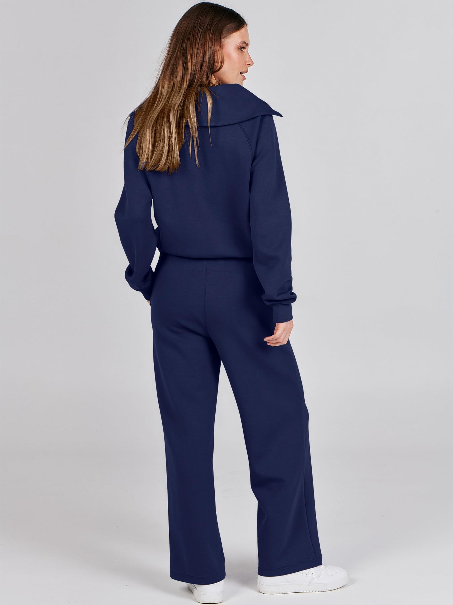 ANRABESS Women 2 Piece Outfits 2025 Fall Fashion Airport Wide Leg Pants Lounge Set Leisure Travel Vacation Clothes Sweatsuits Navy Blue Medium
