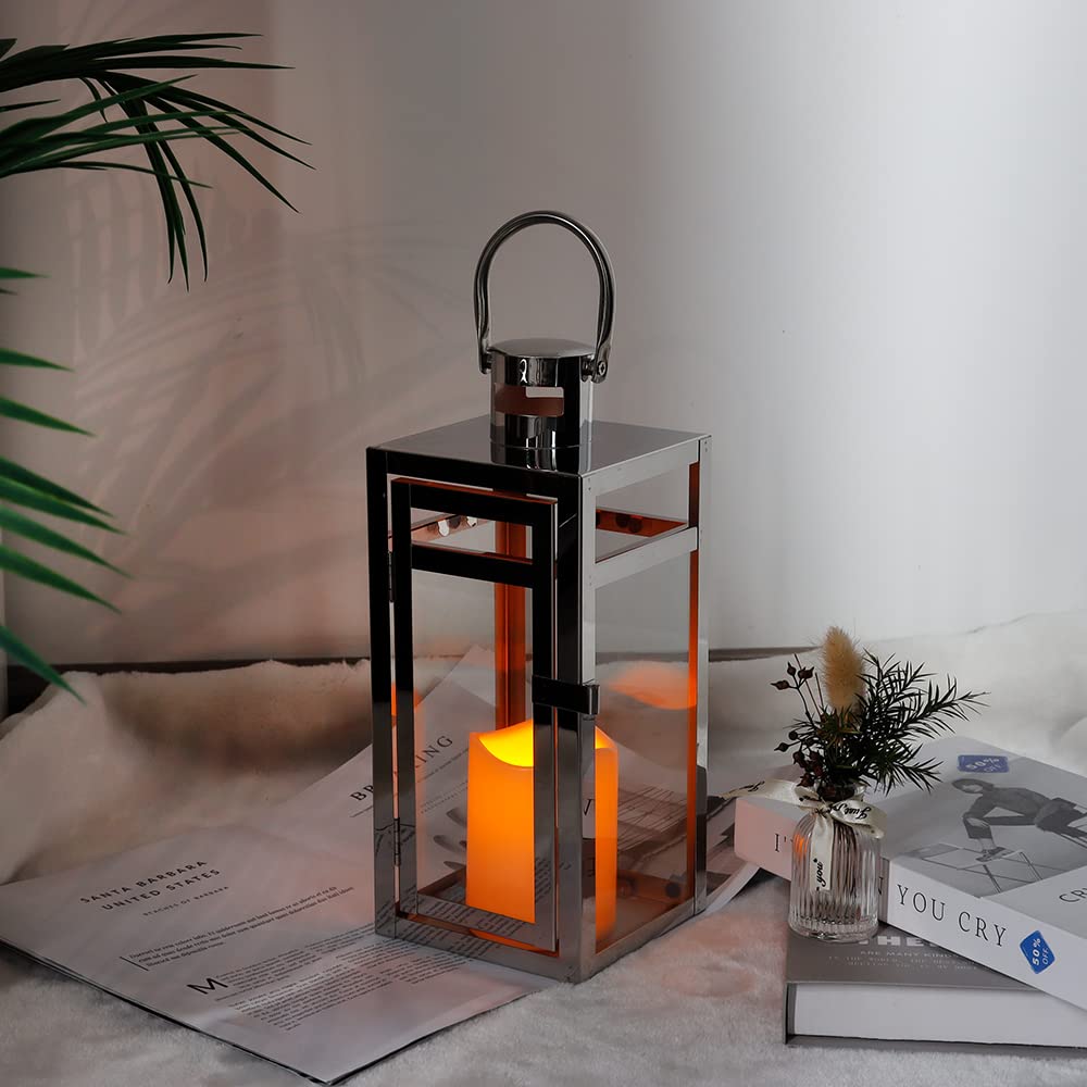 TRIROCKS Stainless Steel Decorative Lantern 30cm High Metal Hanging Candle Holder with Clear Glass Panels Perfect for Home Decor Living Room Parties Events Tabletop Indoors Outdoors (Silver)