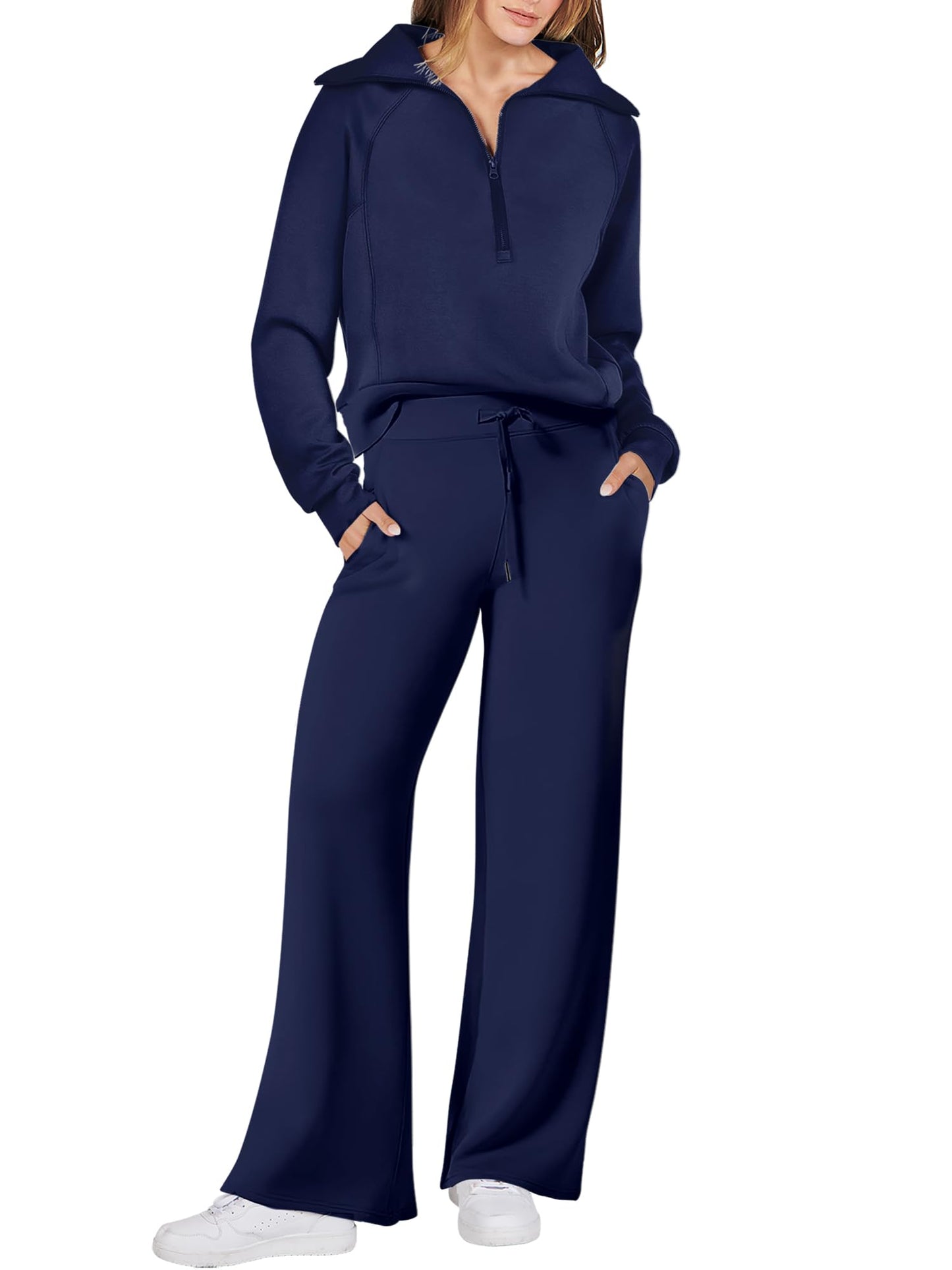 ANRABESS Women 2 Piece Outfits 2025 Fall Fashion Airport Wide Leg Pants Lounge Set Leisure Travel Vacation Clothes Sweatsuits Navy Blue Medium