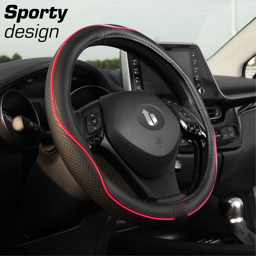 Upgrade4cars Steering Wheel Cover Red Black Leather Look | Universal Fit 14,5-15 Inch | Car Accessories Interior