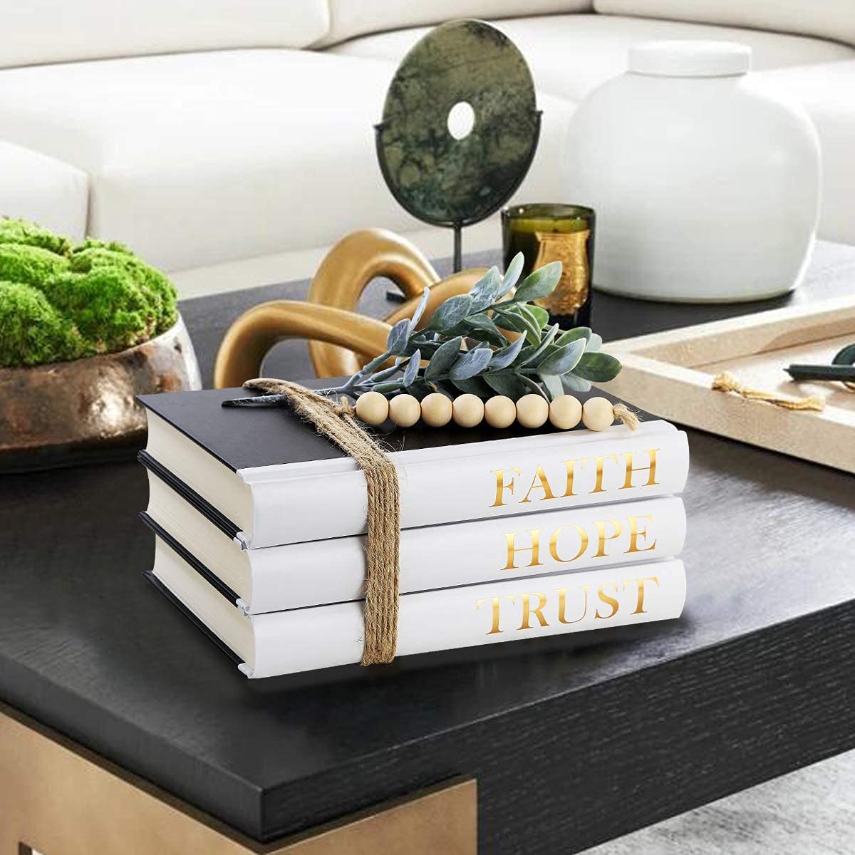 Decorative Hardcover Quote Books,Black and White Decoration Books, Farmhouse Stacked Books,HOPE | FAITH | TRUST (Set of 3) Stacked Books for Decorating Coffee Tables and Bookshelf