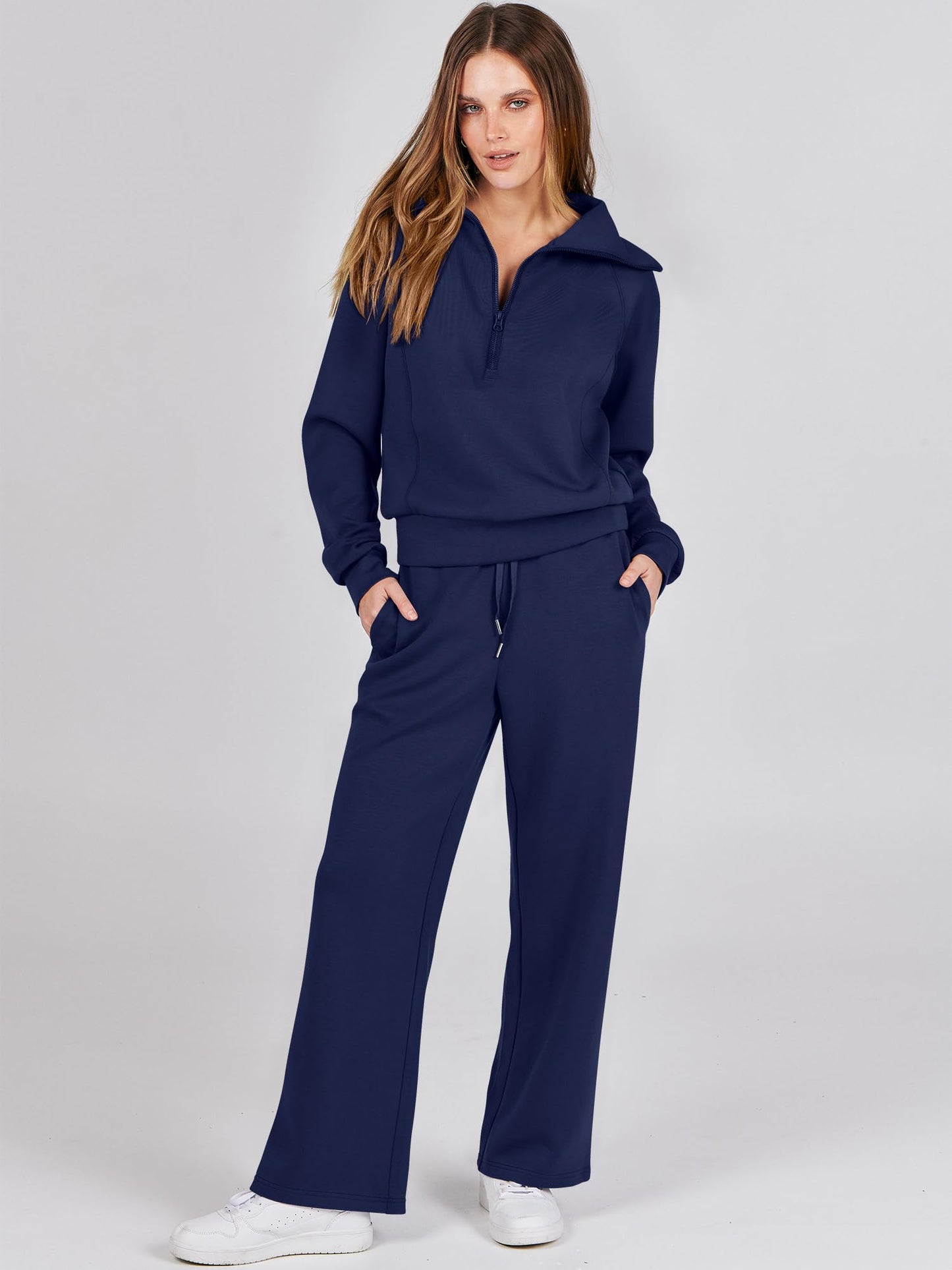 ANRABESS Women 2 Piece Outfits 2025 Fall Fashion Airport Wide Leg Pants Lounge Set Leisure Travel Vacation Clothes Sweatsuits Navy Blue Medium