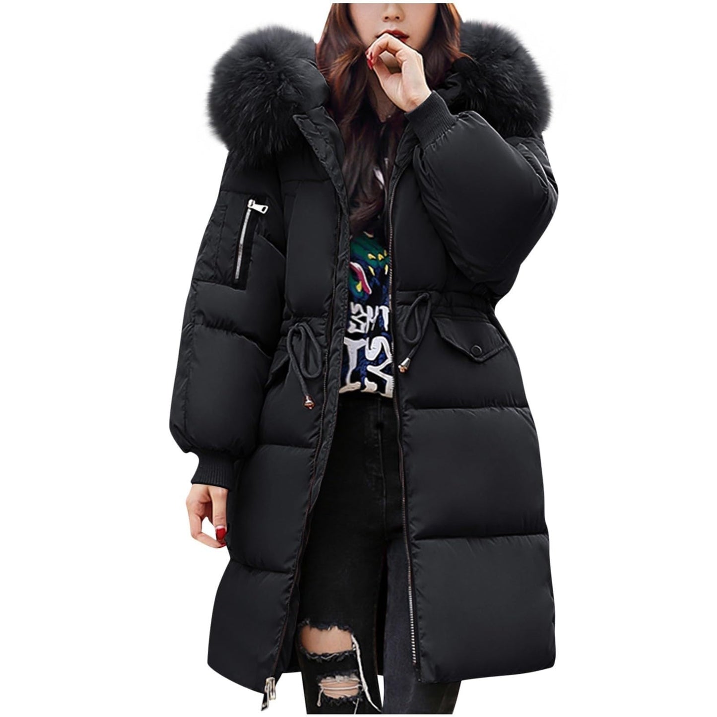 Womens Jacket Winter Jackets for Women UK Quilted Down Long-Lenght Puffer Coats Ladies Lightweight Waterproof Jacket Plus Size Slim Trench Coat Warm Outwear Black M